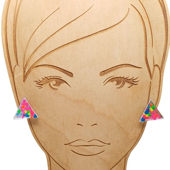 Vintage Triangle Resin Confetti Mirror Earrings with Bright Neon Splatter Accent - Picture 1 of 5